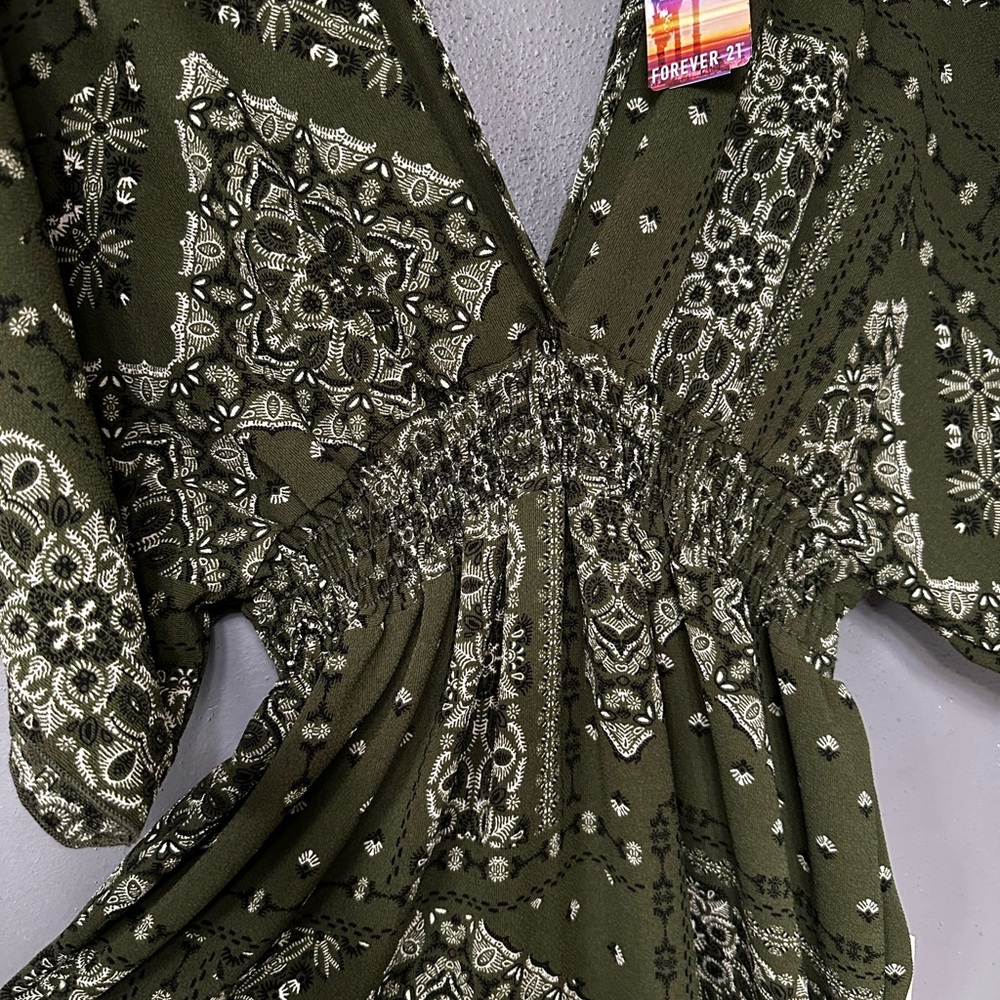 Forever 21 Green Wrap Maxi Dress with 3/4 Bell Sleeves